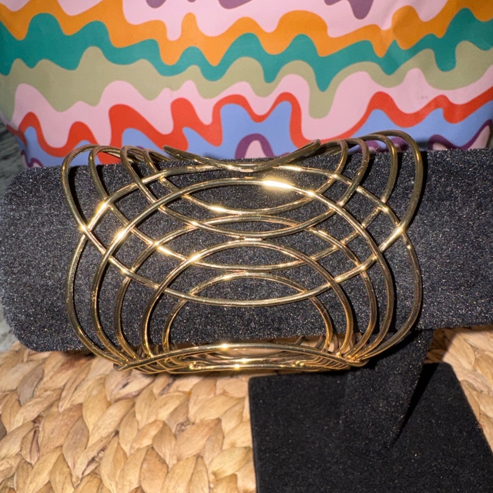 Gold Tone Sculptural Open Wire Cuff Bracelet Statement Modern